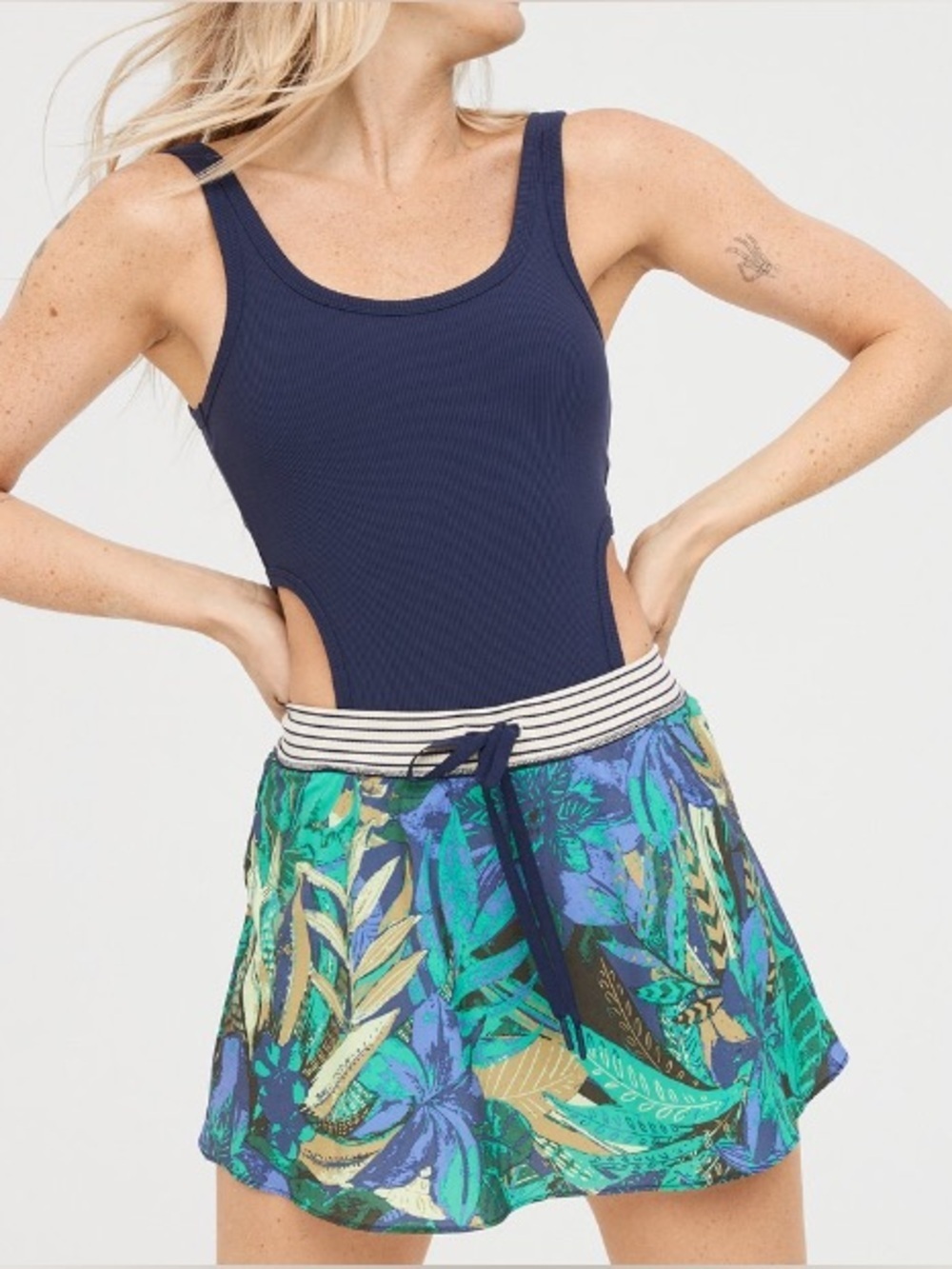 Offline by Aerie Ribbed Cut-out Romper Dress Navy Blue Green Floral Active